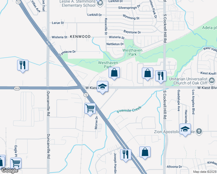map of restaurants, bars, coffee shops, grocery stores, and more near 4701-4799 West Kiest Boulevard in Dallas