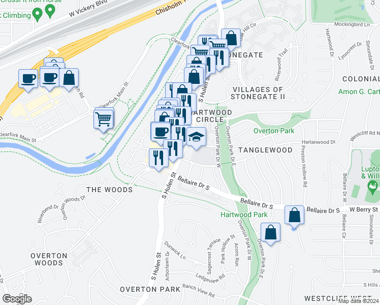 map of restaurants, bars, coffee shops, grocery stores, and more near 115 South Hulen Street in Fort Worth