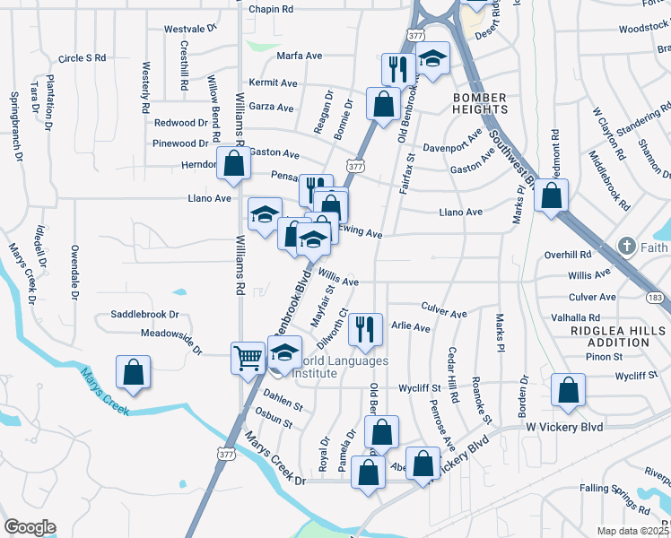 map of restaurants, bars, coffee shops, grocery stores, and more near 4658 Dilworth Court in Fort Worth
