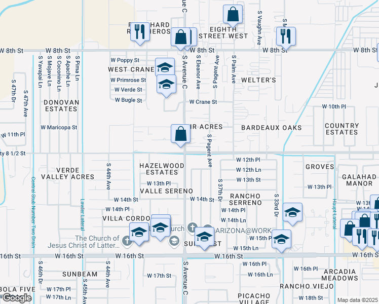 map of restaurants, bars, coffee shops, grocery stores, and more near County 8 1/2 Street in Yuma