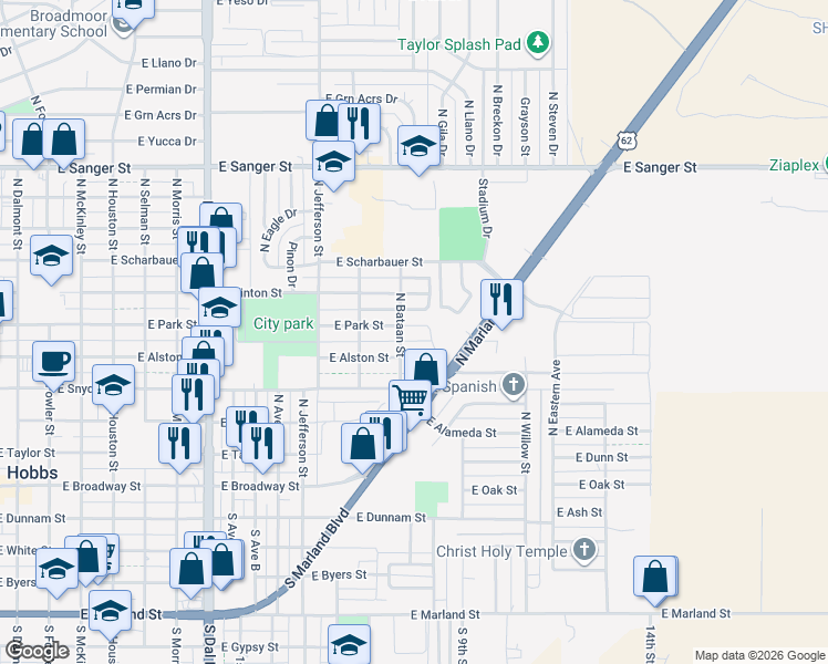 map of restaurants, bars, coffee shops, grocery stores, and more near 1411 East Park Street in Hobbs