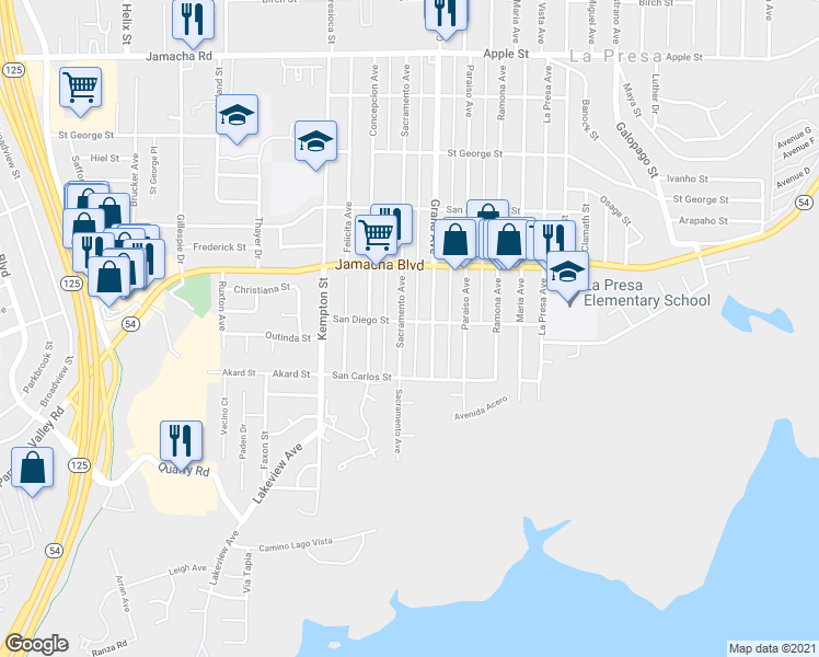 map of restaurants, bars, coffee shops, grocery stores, and more near 457 Sacramento Avenue in Spring Valley