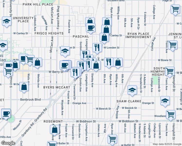 map of restaurants, bars, coffee shops, grocery stores, and more near 1814 West Berry Street in Fort Worth