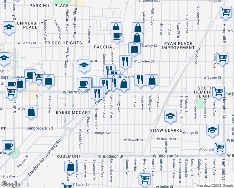 map of restaurants, bars, coffee shops, grocery stores, and more near 1814 West Berry Street in Fort Worth