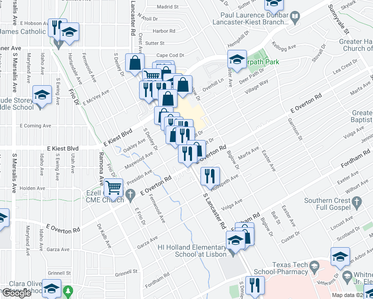 map of restaurants, bars, coffee shops, grocery stores, and more near 3414 South Lancaster Road in Dallas