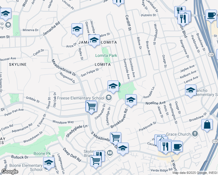 map of restaurants, bars, coffee shops, grocery stores, and more near 8232 Skyline Drive in San Diego