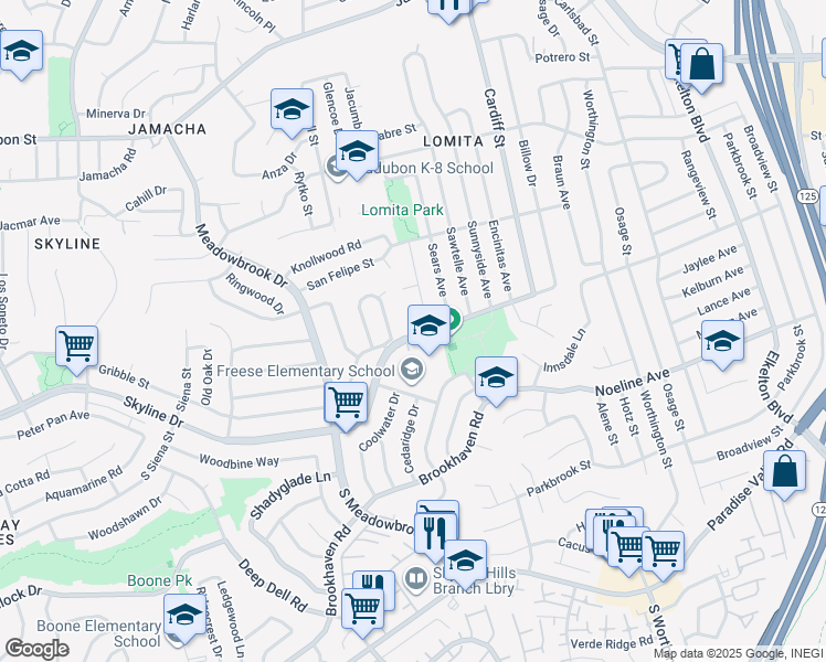 map of restaurants, bars, coffee shops, grocery stores, and more near 8232 Skyline Drive in San Diego