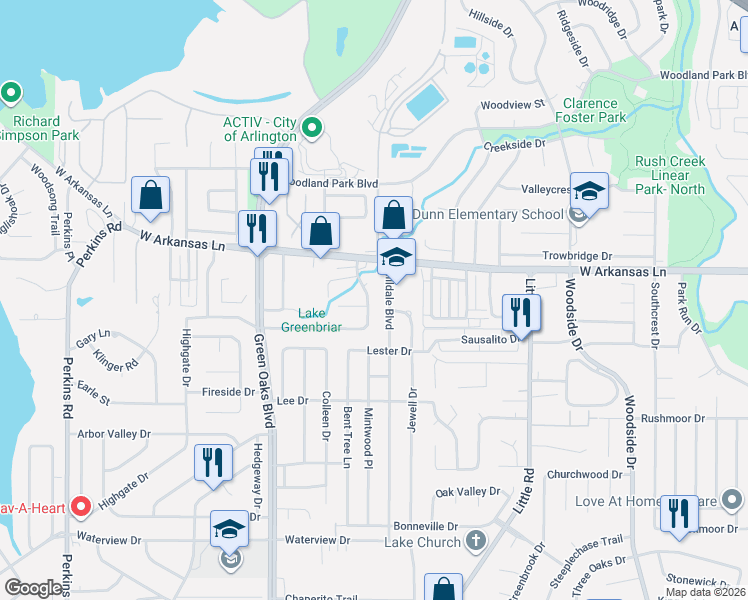 map of restaurants, bars, coffee shops, grocery stores, and more near 2312 Smokerise Drive in Arlington