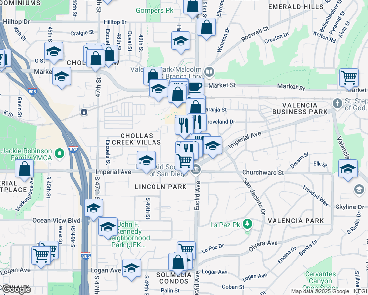 map of restaurants, bars, coffee shops, grocery stores, and more near 220 Euclid Avenue in San Diego