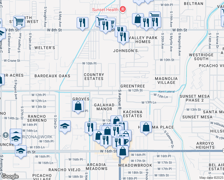 map of restaurants, bars, coffee shops, grocery stores, and more near 2600 West 12th Street in Yuma