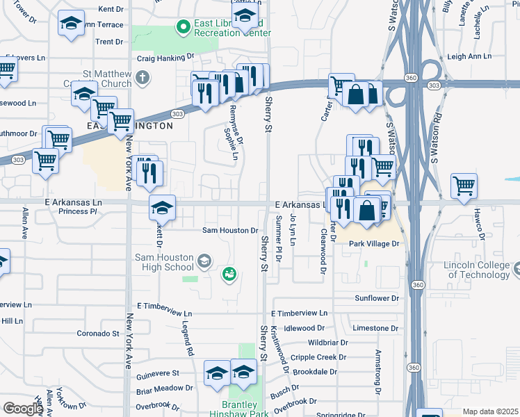 map of restaurants, bars, coffee shops, grocery stores, and more near 2132 East Arkansas Lane in Arlington