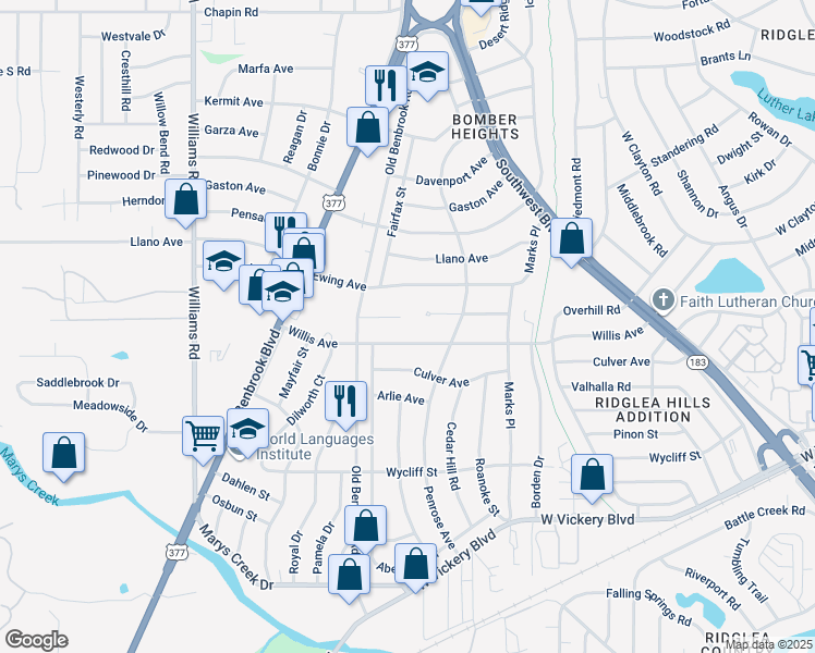 map of restaurants, bars, coffee shops, grocery stores, and more near 7455 Mohawk Avenue in Fort Worth