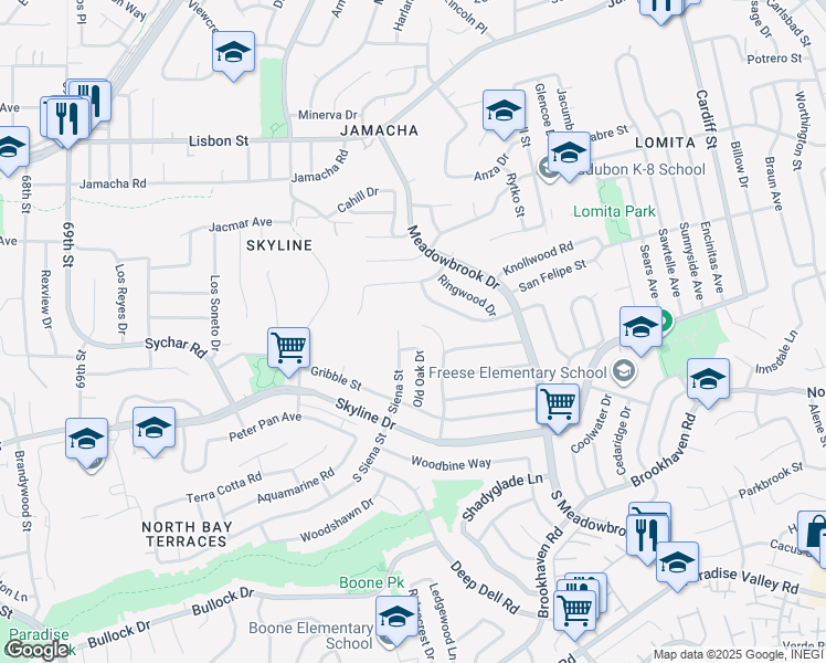map of restaurants, bars, coffee shops, grocery stores, and more near 278 Deerock Place in San Diego