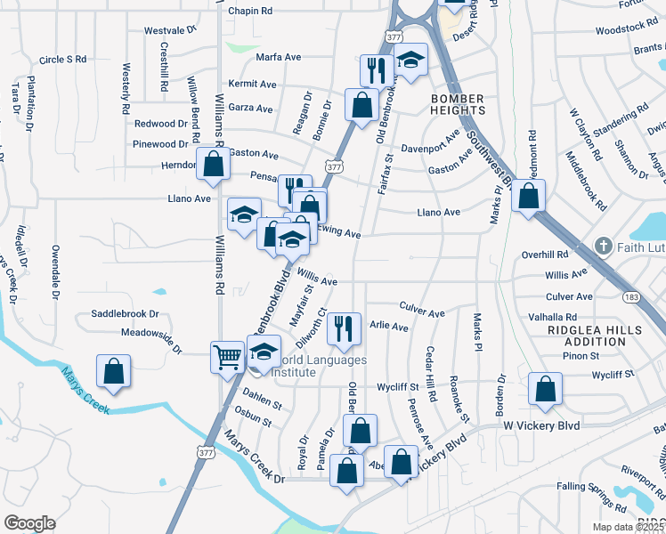 map of restaurants, bars, coffee shops, grocery stores, and more near 4658 Dilworth Court in Fort Worth