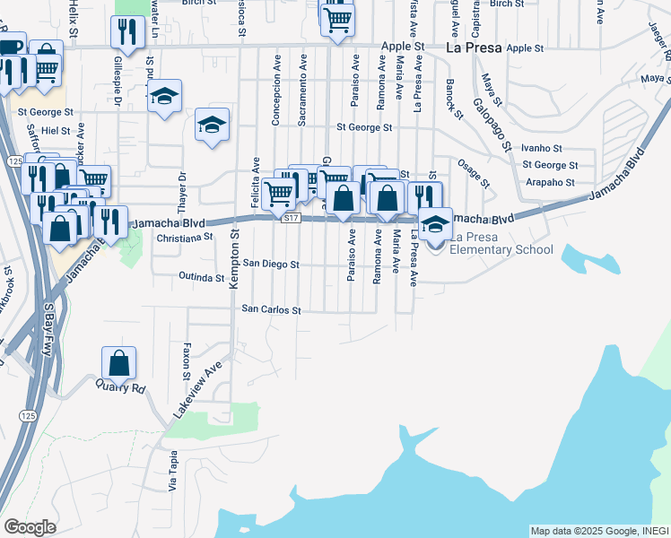 map of restaurants, bars, coffee shops, grocery stores, and more near 9415 San Diego Street in Spring Valley