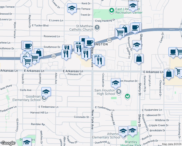 map of restaurants, bars, coffee shops, grocery stores, and more near 1901 Castle Road in Arlington