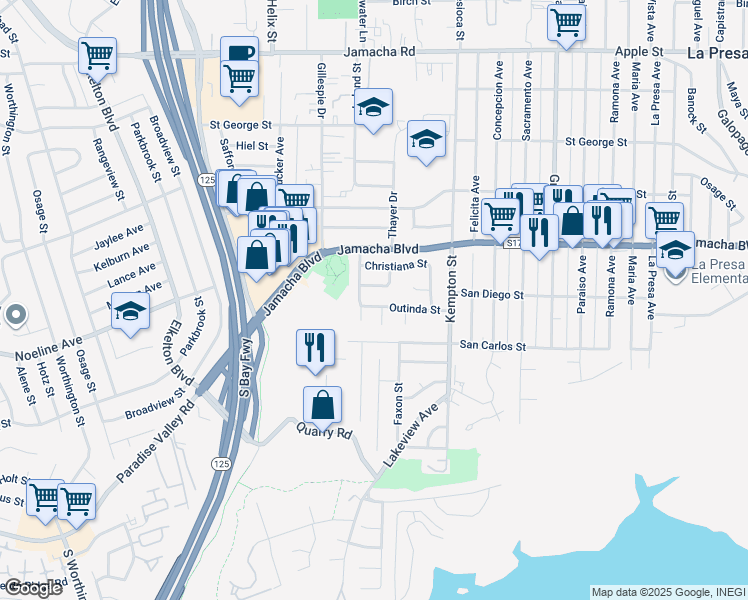 map of restaurants, bars, coffee shops, grocery stores, and more near 9043 Joan Street in Spring Valley