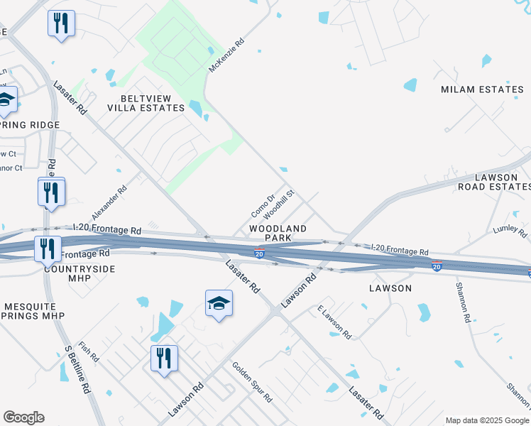 map of restaurants, bars, coffee shops, grocery stores, and more near 143 Woodhill Street in Mesquite