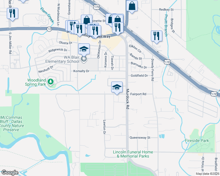 map of restaurants, bars, coffee shops, grocery stores, and more near 7926 South Nassau Circle in Dallas