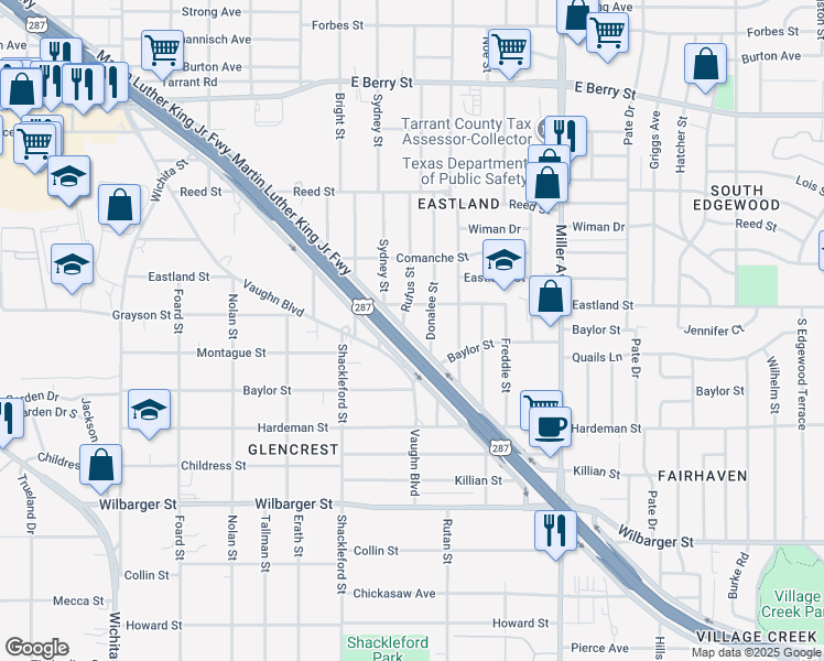 map of restaurants, bars, coffee shops, grocery stores, and more near 3921 Rufus Street in Fort Worth