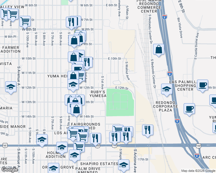 map of restaurants, bars, coffee shops, grocery stores, and more near 1101-1187 South Madison Avenue in Yuma