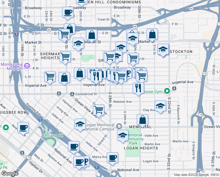 map of restaurants, bars, coffee shops, grocery stores, and more near 2839 Imperial Avenue in San Diego