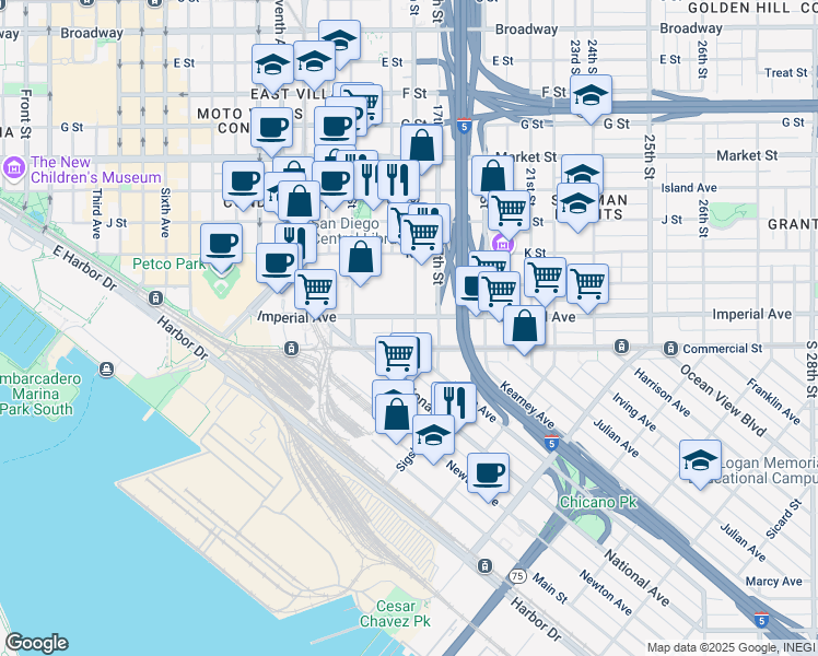 map of restaurants, bars, coffee shops, grocery stores, and more near 1501 Imperial Avenue in San Diego