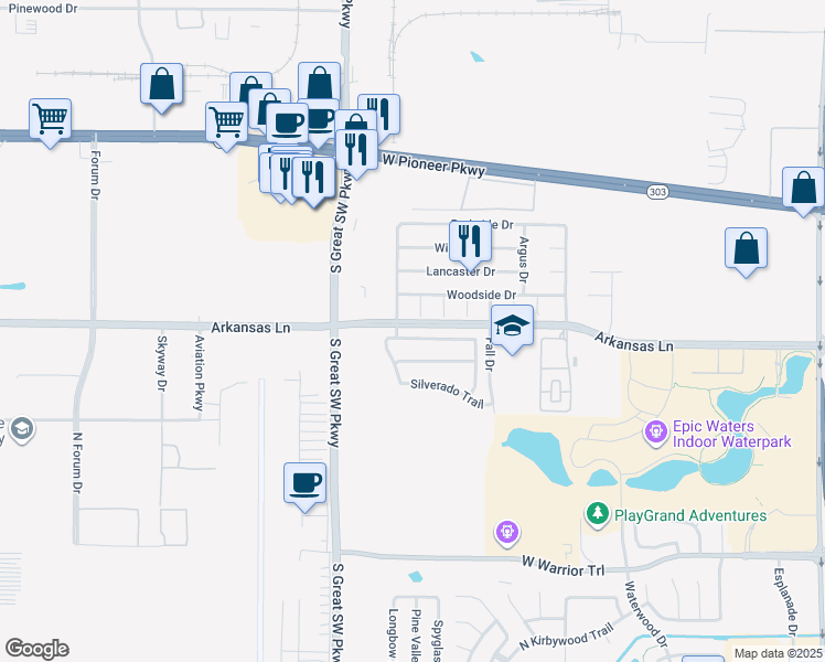 map of restaurants, bars, coffee shops, grocery stores, and more near 2456 Canyon Springs Drive in Grand Prairie