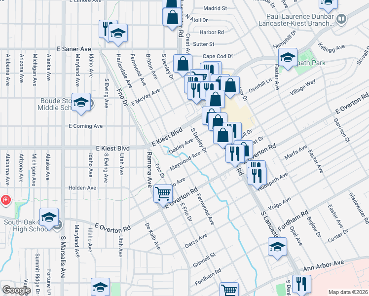 map of restaurants, bars, coffee shops, grocery stores, and more near 1414 Oakley Avenue in Dallas