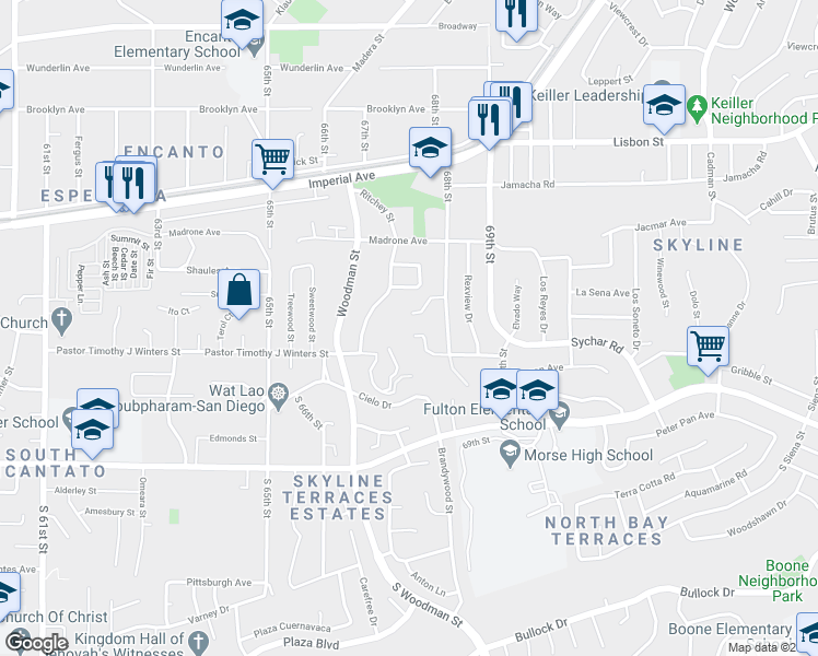 map of restaurants, bars, coffee shops, grocery stores, and more near 6714 Arinjade Way in San Diego