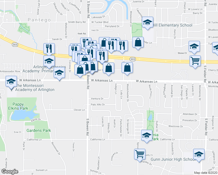 map of restaurants, bars, coffee shops, grocery stores, and more near 2306A Monte Carlo Drive in Arlington
