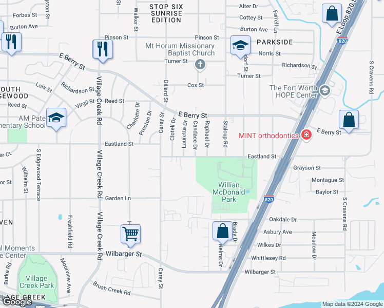 map of restaurants, bars, coffee shops, grocery stores, and more near 3912 Candace Drive in Fort Worth