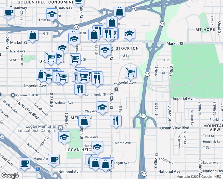map of restaurants, bars, coffee shops, grocery stores, and more near 2 South 32nd Street in San Diego