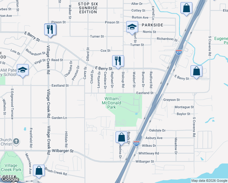 map of restaurants, bars, coffee shops, grocery stores, and more near 3913 Raphael Drive in Fort Worth