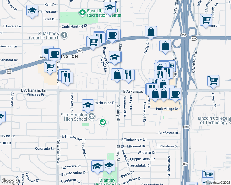 map of restaurants, bars, coffee shops, grocery stores, and more near 2132 East Arkansas Lane in Arlington