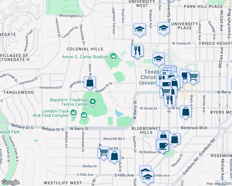 map of restaurants, bars, coffee shops, grocery stores, and more near 3663 West Devitt Street in Fort Worth