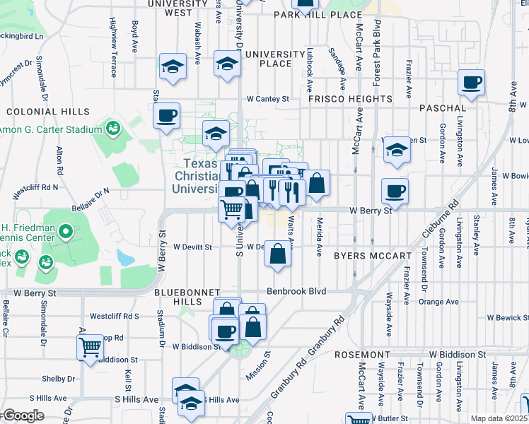 map of restaurants, bars, coffee shops, grocery stores, and more near 2911 West Berry Street in Fort Worth