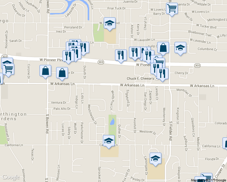 map of restaurants, bars, coffee shops, grocery stores, and more near 2315 Windy Pine Lane in Arlington