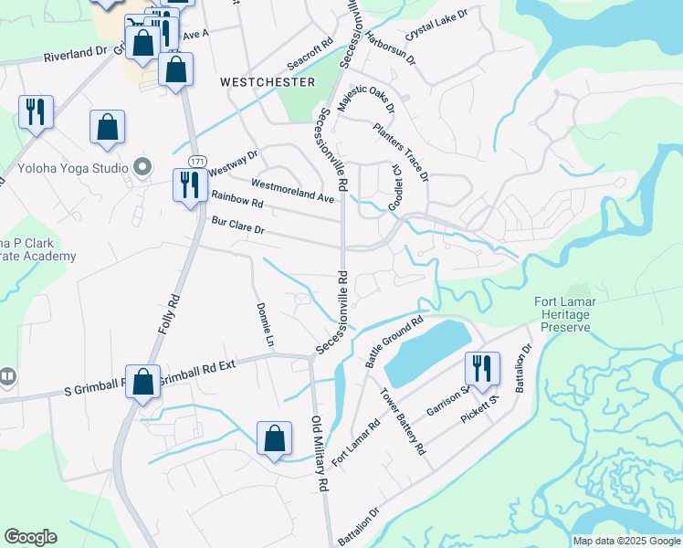 map of restaurants, bars, coffee shops, grocery stores, and more near 1585 Secessionville Road in Charleston