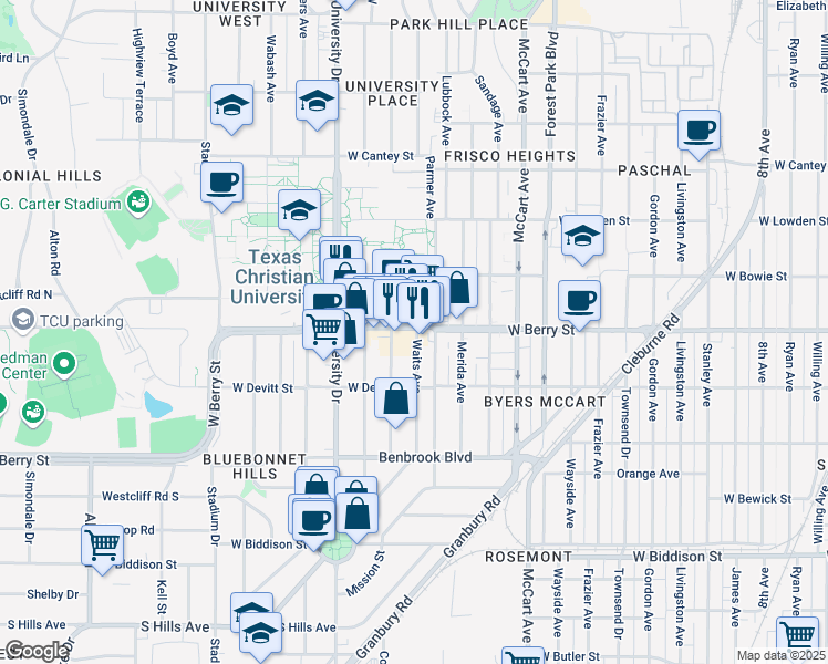 map of restaurants, bars, coffee shops, grocery stores, and more near 2525 West Berry Street in Fort Worth