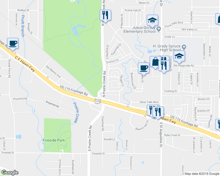map of restaurants, bars, coffee shops, grocery stores, and more near 388 South Nachita Drive in Dallas