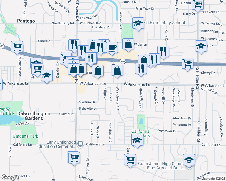 map of restaurants, bars, coffee shops, grocery stores, and more near 2328 Lido Lane in Arlington