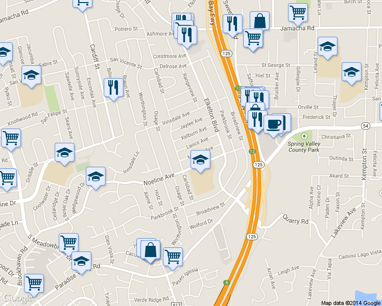map of restaurants, bars, coffee shops, grocery stores, and more near 8828 Milburn Ave in Spring Valley
