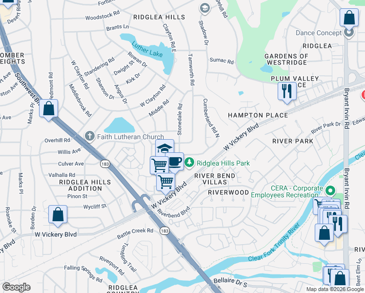 map of restaurants, bars, coffee shops, grocery stores, and more near 6801 Springhill Road in Fort Worth