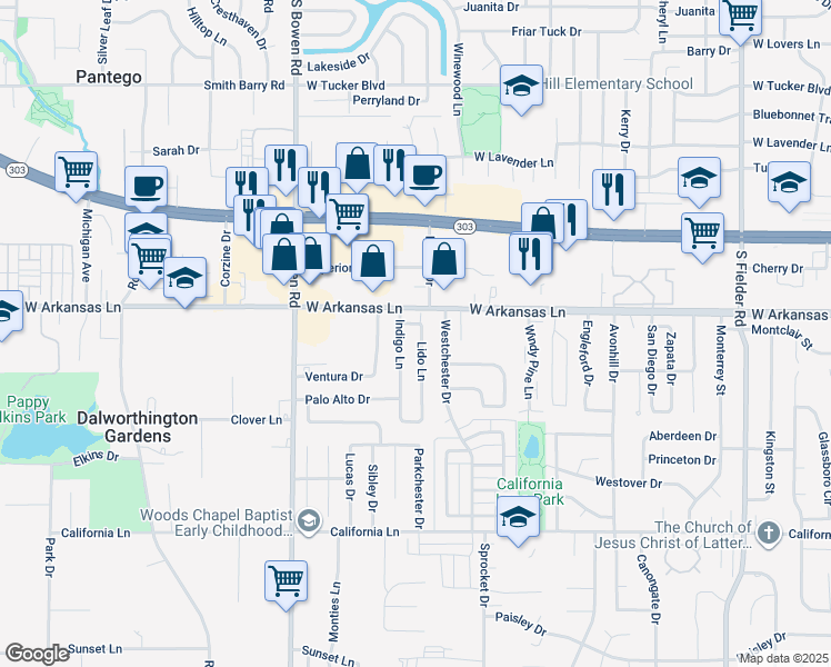 map of restaurants, bars, coffee shops, grocery stores, and more near 2328 Lido Lane in Arlington