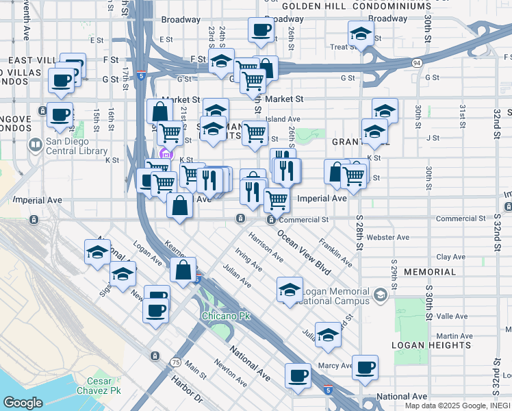 map of restaurants, bars, coffee shops, grocery stores, and more near 28 25th Street in San Diego