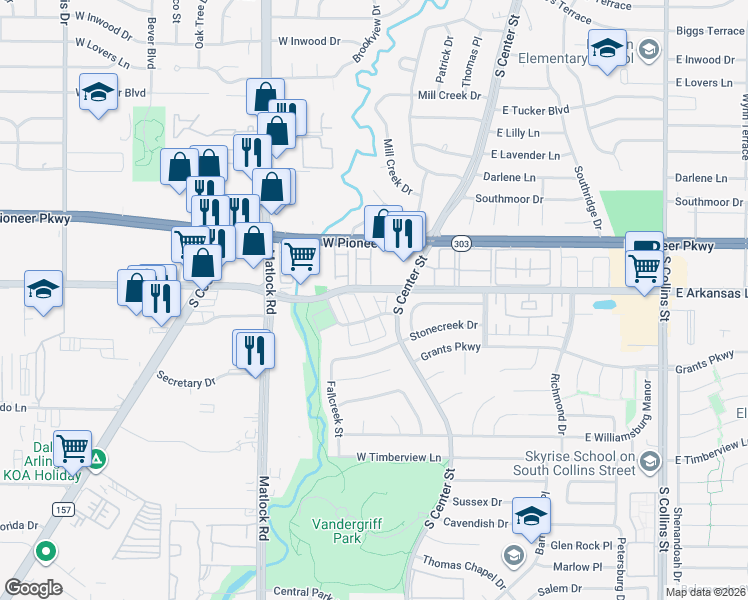 map of restaurants, bars, coffee shops, grocery stores, and more near 2302 Long Ridge Lane in Arlington