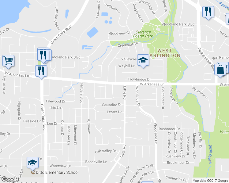 map of restaurants, bars, coffee shops, grocery stores, and more near 2309 Whisperton Dr in Arlington