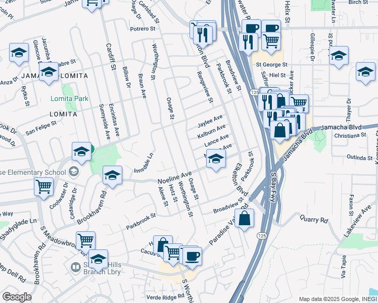 map of restaurants, bars, coffee shops, grocery stores, and more near 642 Carlsbad Street in Spring Valley