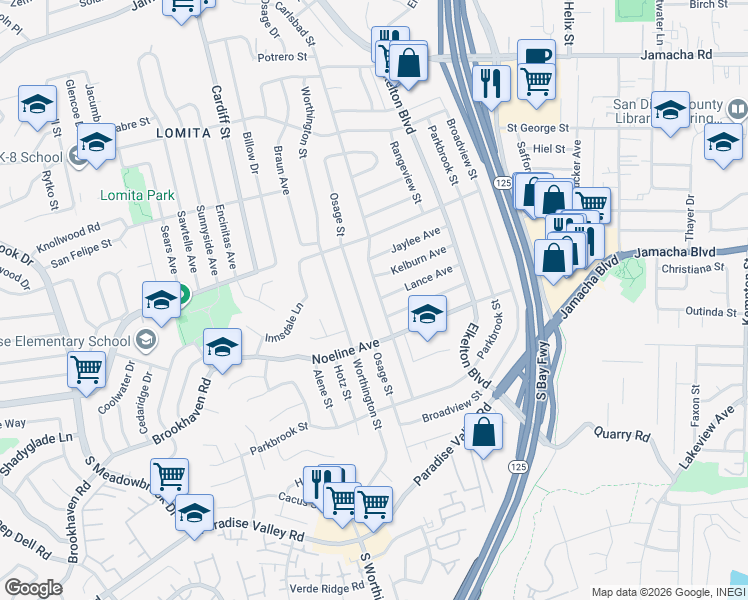 map of restaurants, bars, coffee shops, grocery stores, and more near 642 Carlsbad Street in Spring Valley